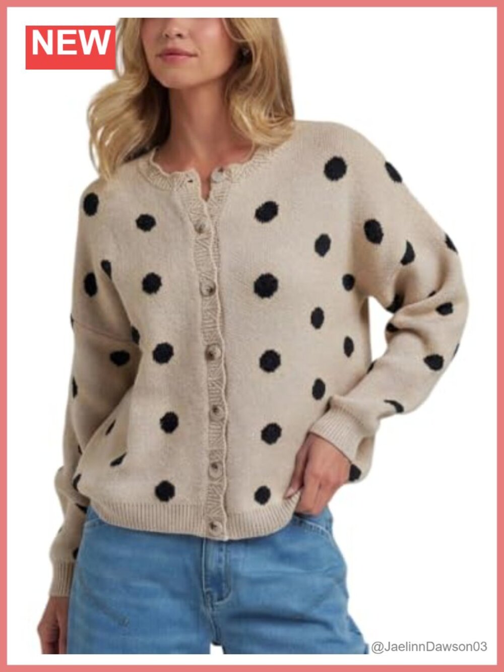 Women's Polka Dot Long Sleeve Crew Neck Button Knit Cardigan